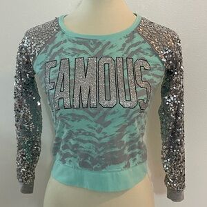 Cute Glitter Sequin Teal and Silver Sweatshirt Top FAMOUS Size 10 Girls